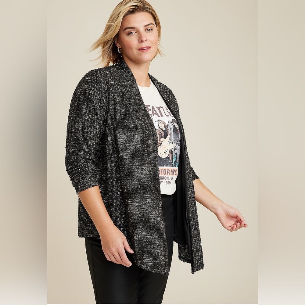 New Maurices Plus Women Black White Sparkle Boucle Tweed Open Cardigan Jacket 2X